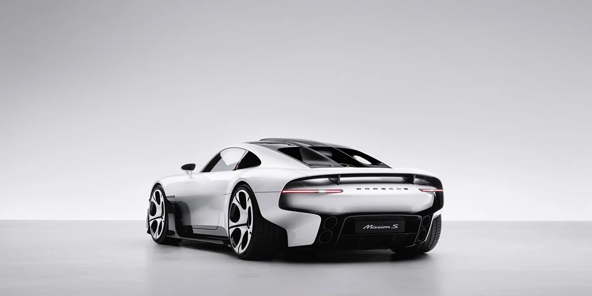 Rear three-quarter view of the Porsche Mission S vision model.